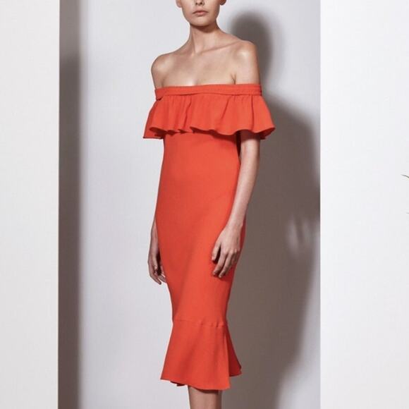 Veronica Beard Orange Oleta Ruffle Off Shoulder Midi Dress Size 4 - Picture 2 of 8